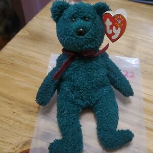 Ty Teal Plush Bear with Burgundy Ribbon